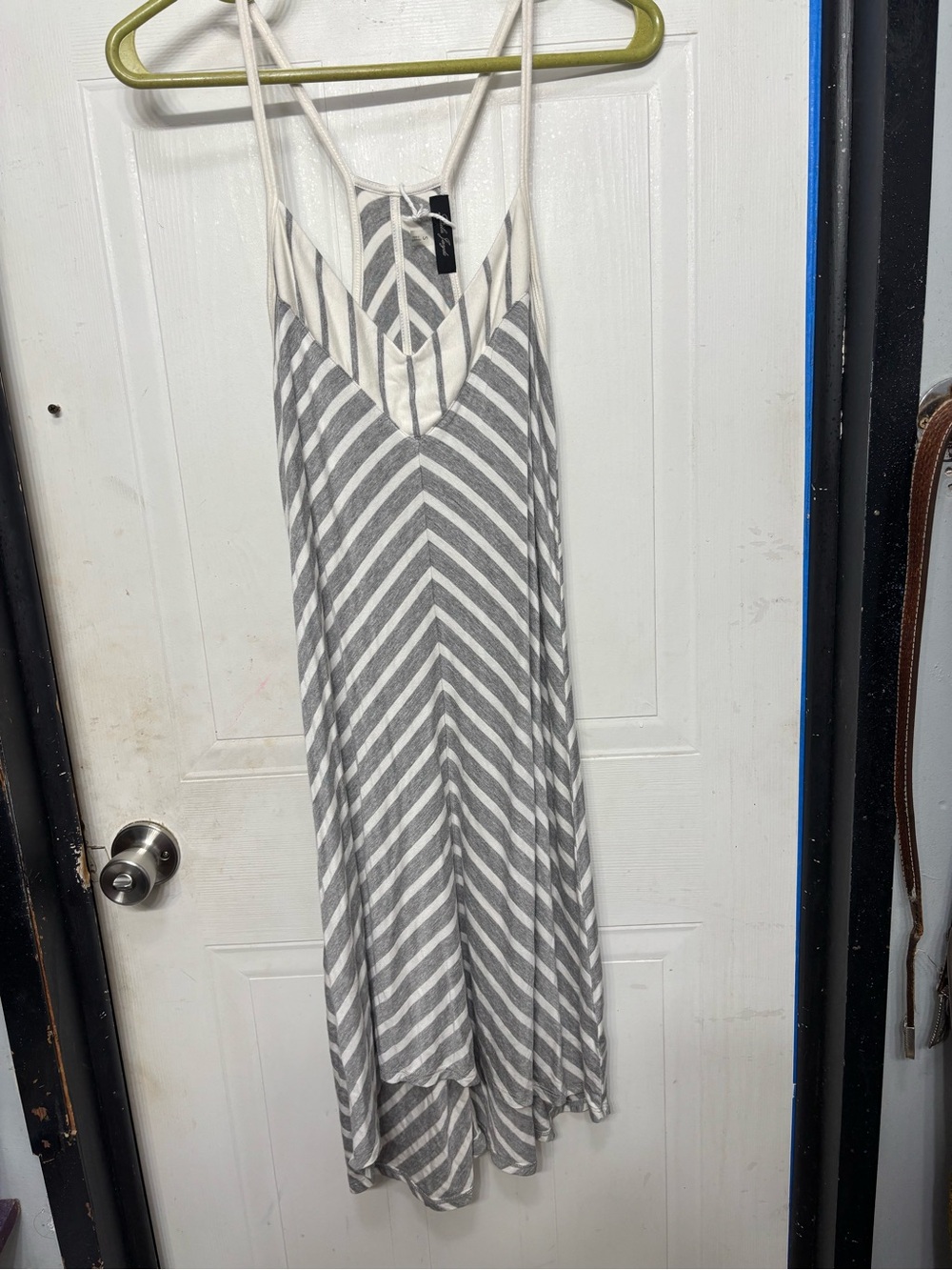Laila Jayde Gray & White Striped High-Low Slip Dress